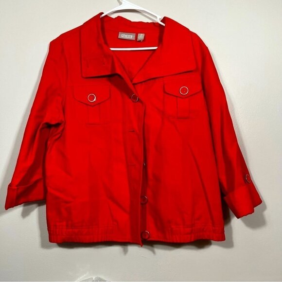 Chico’s hot red button up jacket size 2 medium - Picture 1 of 8